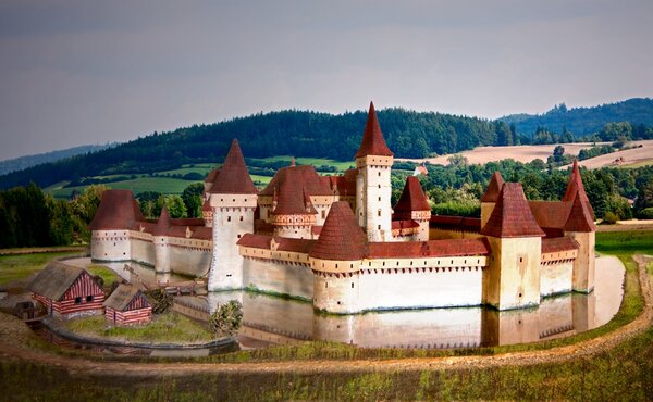 Retropanorama - model hradu promítnutý do fotografie údolí
