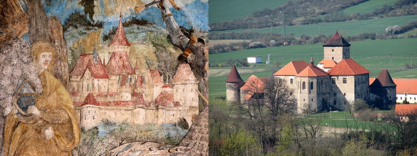 Hrad Švihov podle malby v kapli z roku 1520 a pohled v současnosti