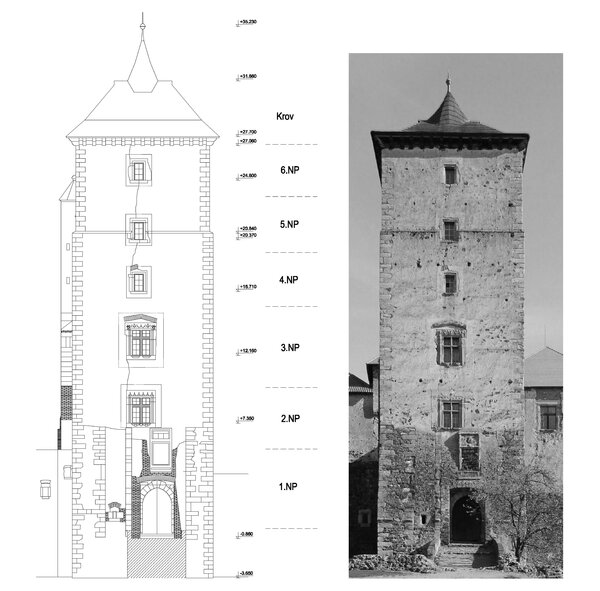 HRAD ŠVIHOV - Zakreslení a fotoplán západní fasády věže